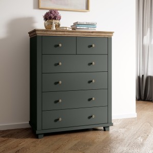 Chambre à coucher ASSIA : Armoire 200cm, Lit 160x200, commode, chevets. Coloris vert kaki et  chêne.