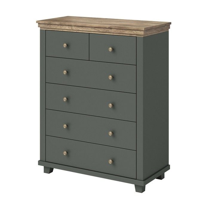 Chambre à coucher ASSIA : Armoire 200cm, Lit 160x200, commode, chevets. Coloris vert kaki et  chêne.