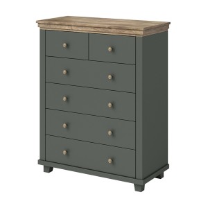 Chambre à coucher ASSIA : Armoire 200cm, Lit 160x200, commode, chevets. Coloris vert kaki et  chêne.