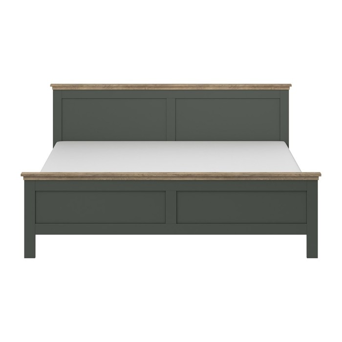 Chambre à coucher ASSIA : Armoire 200cm, Lit 160x200, commode, chevets. Coloris vert kaki et  chêne.