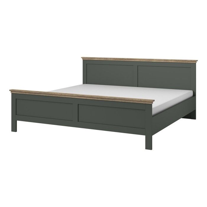 Chambre à coucher ASSIA : Armoire 200cm, Lit 160x200, commode, chevets. Coloris vert kaki et  chêne.