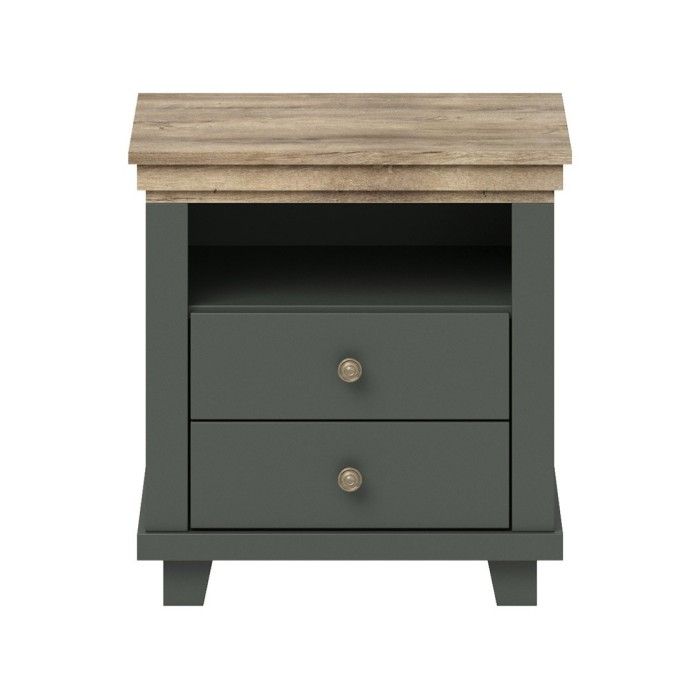 Chambre à coucher ASSIA : Armoire 200cm, Lit 160x200, commode, chevets. Coloris vert kaki et  chêne.