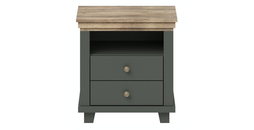 Chambre à coucher ASSIA : Armoire 200cm, Lit 160x200, commode, chevets. Coloris vert kaki et  chêne.