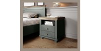 Chambre à coucher ASSIA : Armoire 200cm, Lit 160x200, commode, chevets. Coloris vert kaki et  chêne.