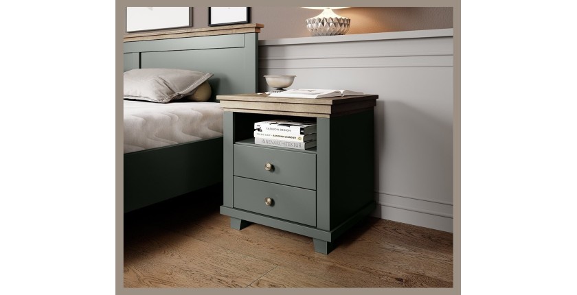 Chambre à coucher ASSIA : Armoire 200cm, Lit 160x200, commode, chevets. Coloris vert kaki et  chêne.