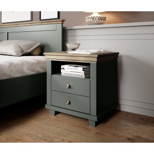Chambre à coucher ASSIA : Armoire 200cm, Lit 160x200, commode, chevets. Coloris vert kaki et  chêne.