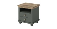 Chambre à coucher ASSIA : Armoire 200cm, Lit 160x200, commode, chevets. Coloris vert kaki et  chêne.