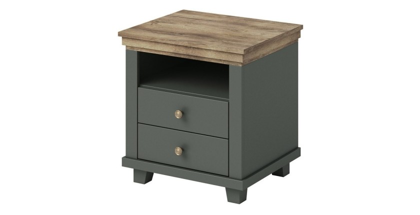 Chambre à coucher ASSIA : Armoire 200cm, Lit 160x200, commode, chevets. Coloris vert kaki et  chêne.