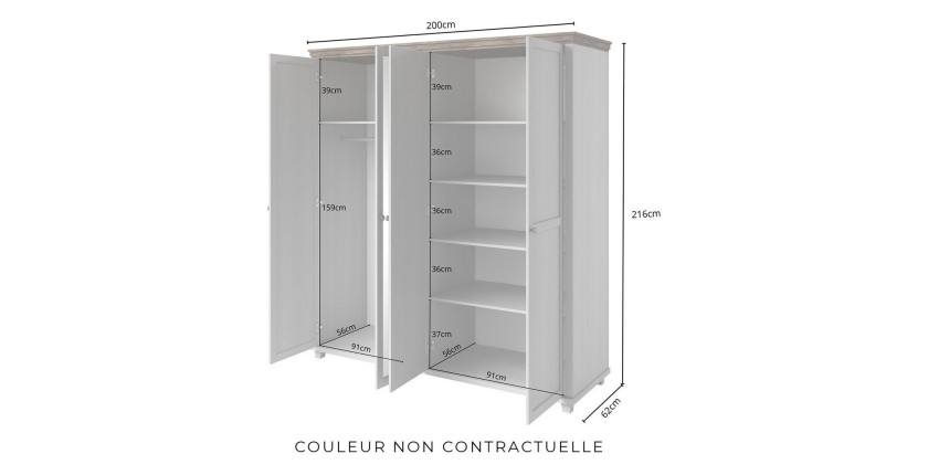 Chambre à coucher ASSIA : Armoire 200cm, Lit 160x200, commode, chevets. Coloris vert kaki et  chêne.