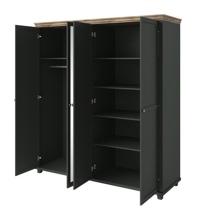 Chambre à coucher ASSIA : Armoire 200cm, Lit 160x200, commode, chevets. Coloris vert kaki et  chêne.