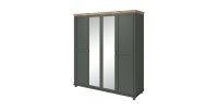 Chambre à coucher ASSIA : Armoire 200cm, Lit 160x200, commode, chevets. Coloris vert kaki et  chêne.