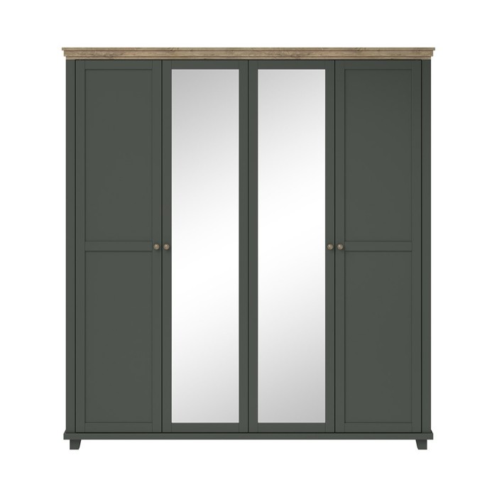 Chambre à coucher ASSIA : Armoire 200cm, Lit 160x200, commode, chevets. Coloris vert kaki et  chêne.