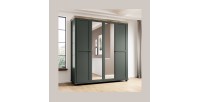 Chambre à coucher ASSIA : Armoire 200cm, Lit 160x200, commode, chevets. Coloris vert kaki et  chêne.