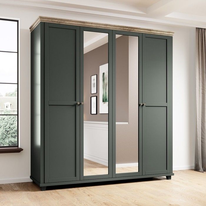 Chambre à coucher ASSIA : Armoire 200cm, Lit 160x200, commode, chevets. Coloris vert kaki et  chêne.