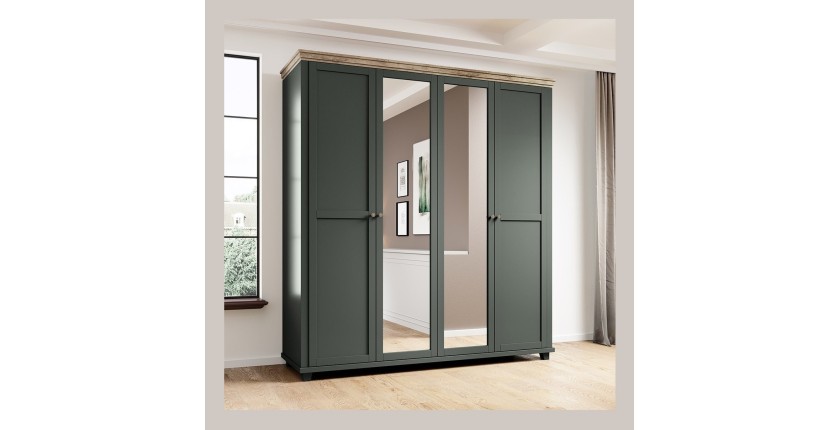 Chambre à coucher ASSIA : Armoire 200cm, Lit 160x200, commode, chevets. Coloris vert kaki et  chêne.