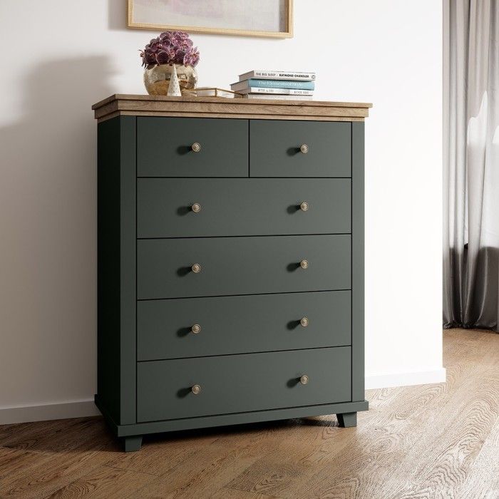 Chambre à coucher ASSIA : Armoire 200cm, Lit 180x200, commode, chevets. Coloris vert kaki et  chêne.