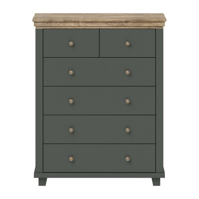 Chambre à coucher ASSIA : Armoire 200cm, Lit 180x200, commode, chevets. Coloris vert kaki et  chêne.