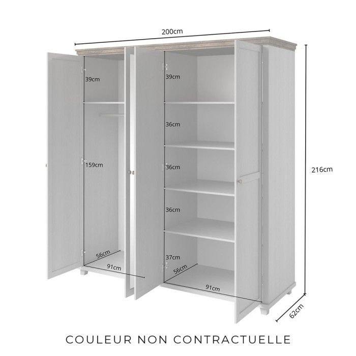 Chambre à coucher ASSIA : Armoire 200cm, Lit 180x200, commode, chevets. Coloris vert kaki et  chêne.