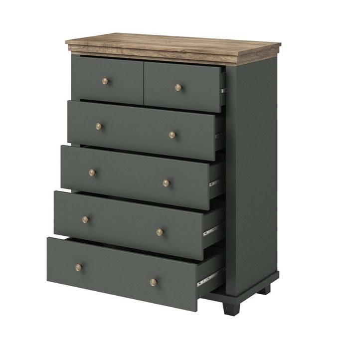Chambre à coucher ASSIA : Armoire 200cm, Lit 180x200, commode, chevets. Coloris vert kaki et  chêne.