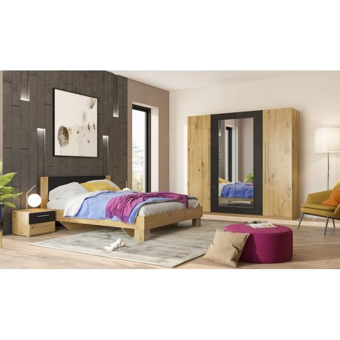 Armoire 4 portes avec miroirs couleur chêne et noir - IRINA