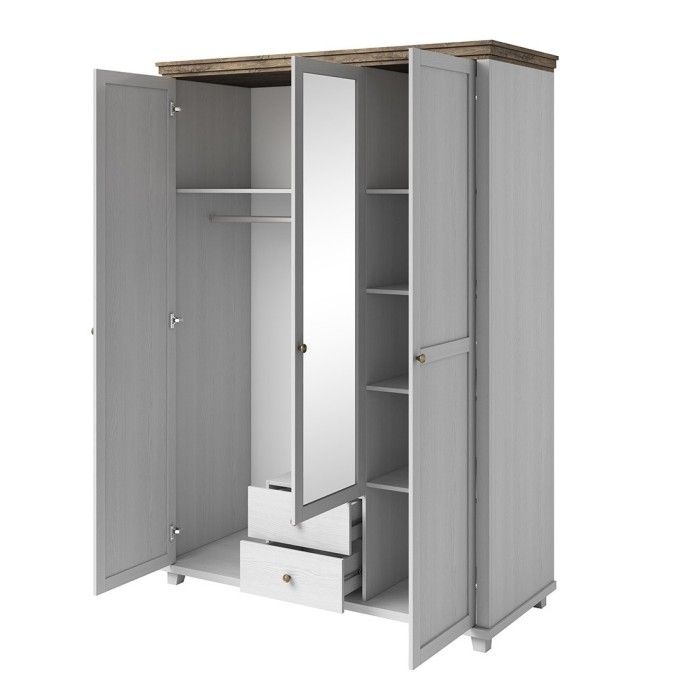 Armoire 150x220 avec 3 portes et 2 tiroirs. Coloris blanc et chêne. Collection ASSIA