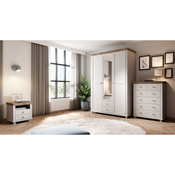 Armoire 150x220 avec 3 portes et 2 tiroirs. Coloris blanc et chêne. Collection ASSIA