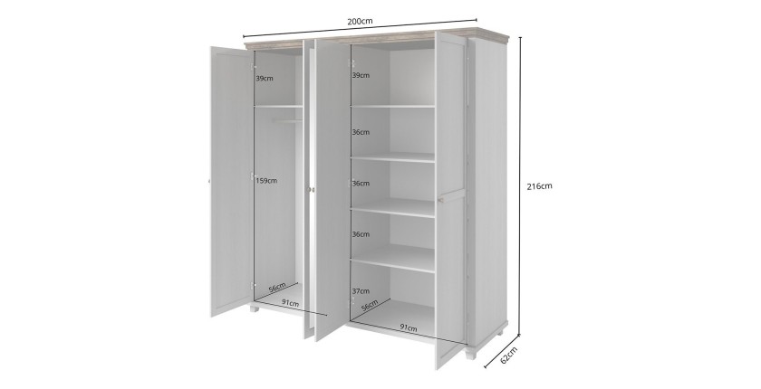 Armoire 200x220 avec 4 portes. Coloris blanc et chêne. Collection ASSIA