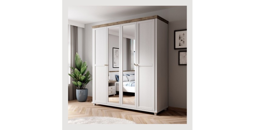 Armoire 200x220 avec 4 portes. Coloris blanc et chêne. Collection ASSIA