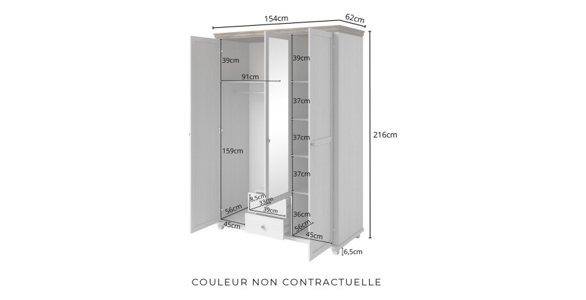 Armoire 150x220 avec 3 portes et 2 tiroirs. Coloris vert kaki et chêne. Collection ASSIA
