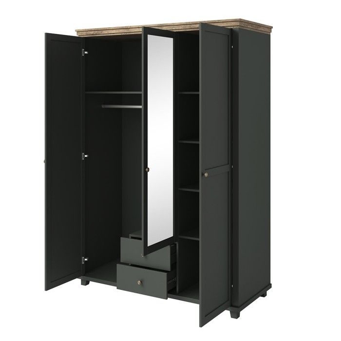 Armoire 150x220 avec 3 portes et 2 tiroirs. Coloris vert kaki et chêne. Collection ASSIA