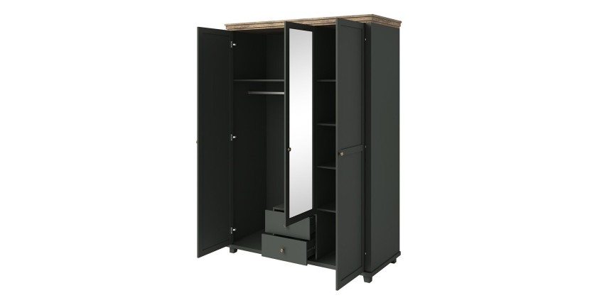 Armoire 150x220 avec 3 portes et 2 tiroirs. Coloris vert kaki et chêne. Collection ASSIA