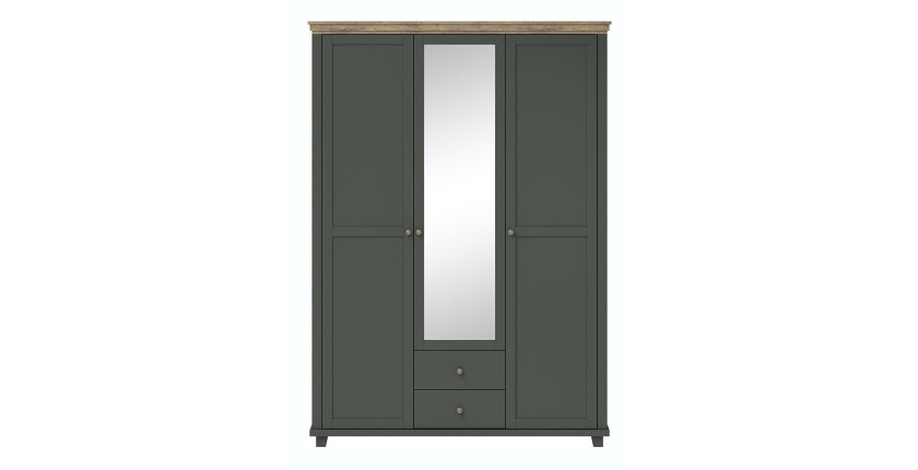 Armoire 150x220 avec 3 portes et 2 tiroirs. Coloris vert kaki et chêne. Collection ASSIA