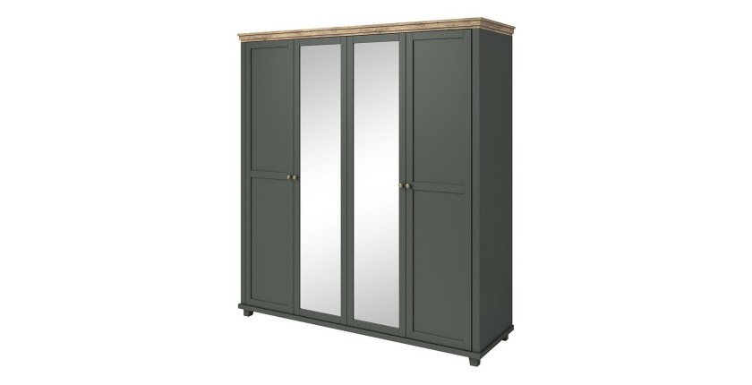 Armoire 200x220 avec 4 portes. Coloris vert kaki et chêne. Collection ASSIA