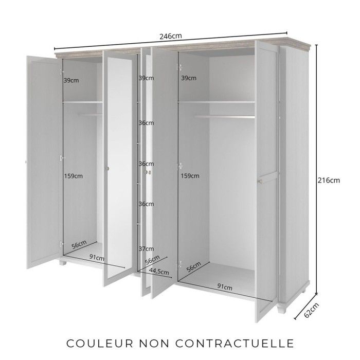 Armoire 250x220 avec 5 portes. Coloris vert kaki et chêne. Collection ASSIA
