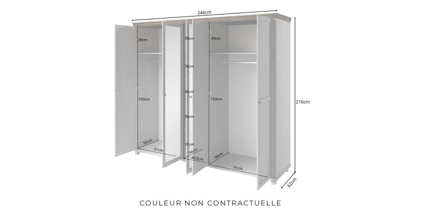 Armoire 250x220 avec 5 portes. Coloris vert kaki et chêne. Collection ASSIA