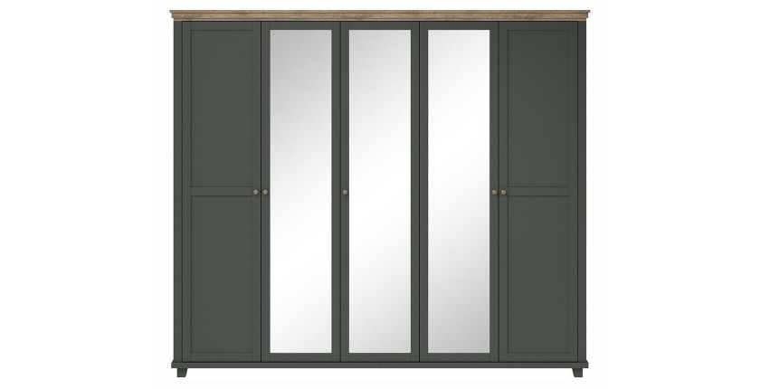 Armoire 250x220 avec 5 portes. Coloris vert kaki et chêne. Collection ASSIA