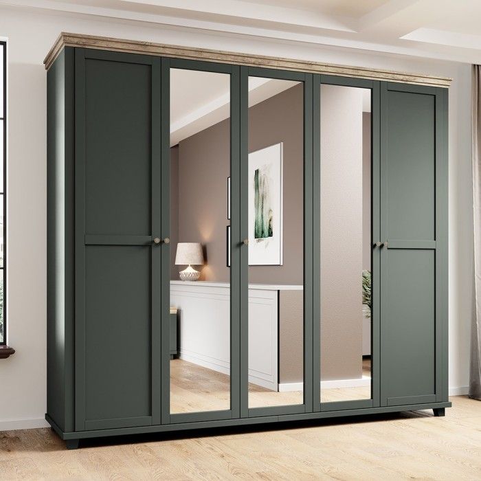 Armoire 250x220 avec 5 portes. Coloris vert kaki et chêne. Collection ASSIA