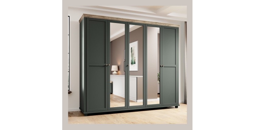 Armoire 250x220 avec 5 portes. Coloris vert kaki et chêne. Collection ASSIA