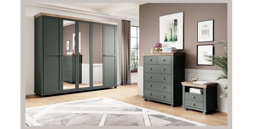 Armoire 250x220 avec 5 portes. Coloris vert kaki et chêne. Collection ASSIA