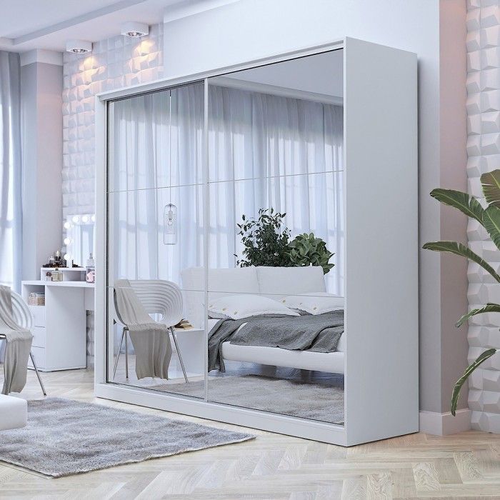 Armoire blanche 200cm avec miroirs, portes coulissantes. Collection CALABRE.