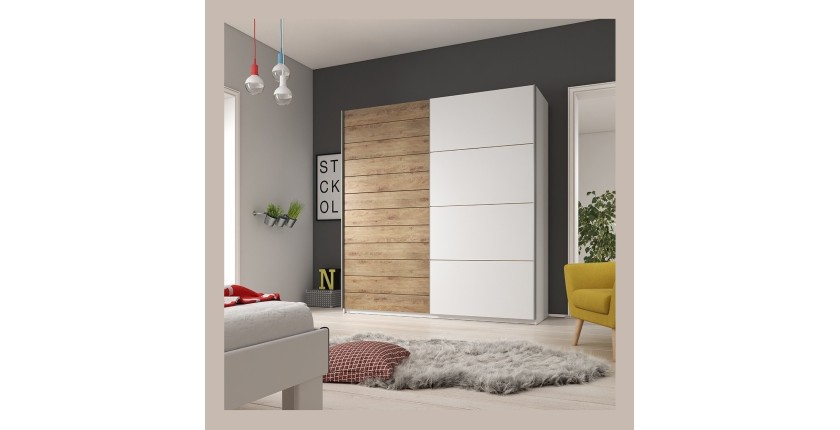 Armoire 2 portes coulissantes 200cm couleur chêne et blanc. Collection FLOYD