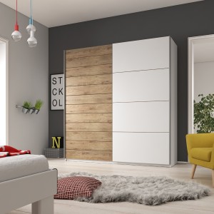 Armoire 2 portes coulissantes 200cm couleur chêne et blanc. Collection FLOYD