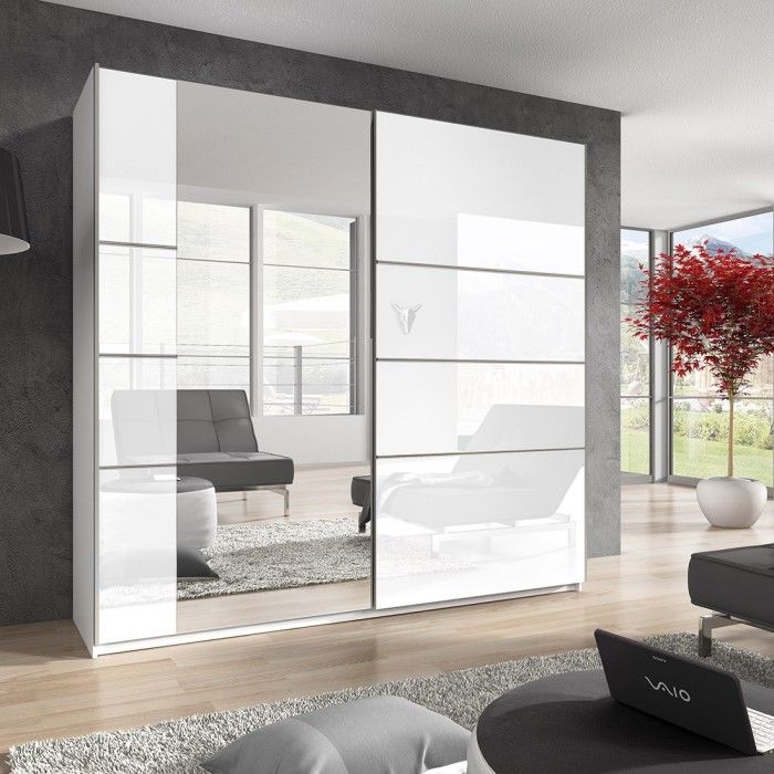 Armoire design 2 portes 180 cm avec miroir. Couleur blanc brillant. Collection EOS