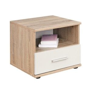 Table de chevet avec tiroir et niche, collection DENVER. Coloris chêne clair et blanc.