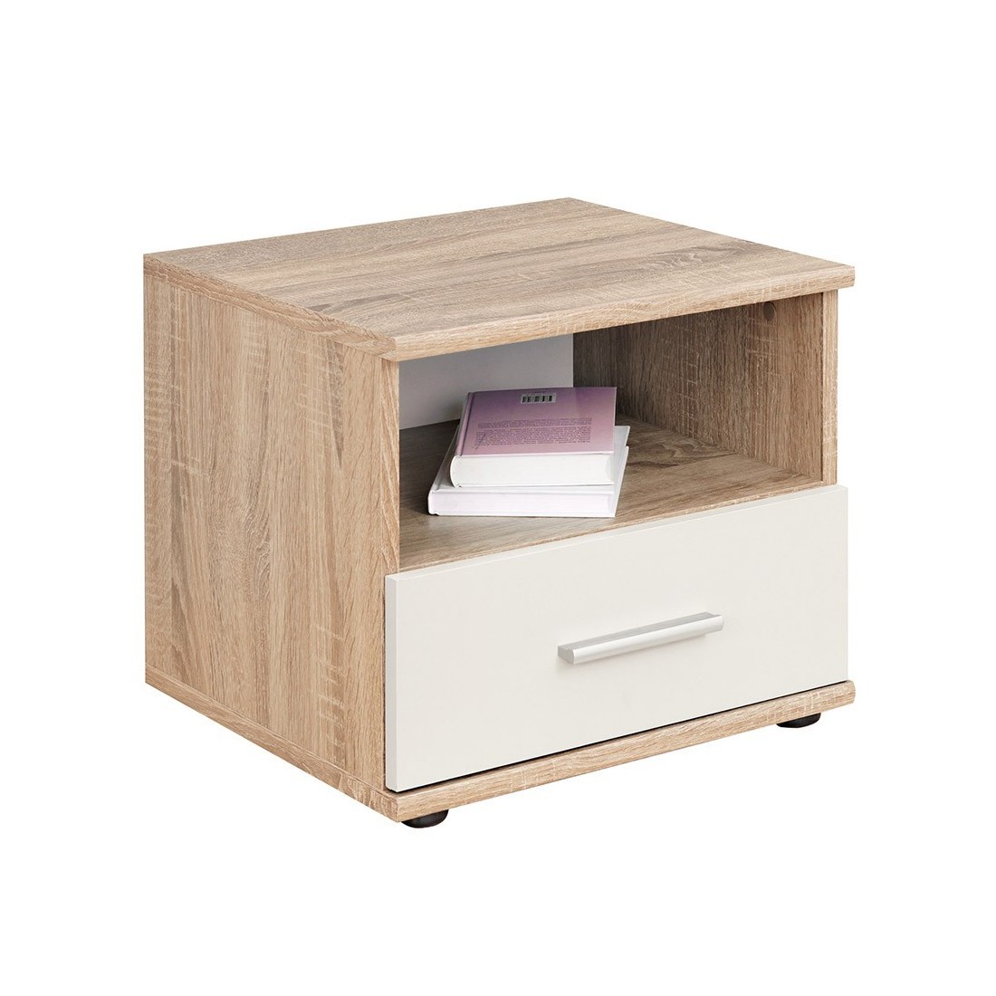 Table de chevet avec tiroir et niche, collection DENVER. Coloris chêne clair et blanc.