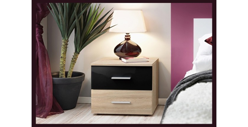 Table de chevet deux tiroirs, collection BALOS. Coloris chêne et noir.