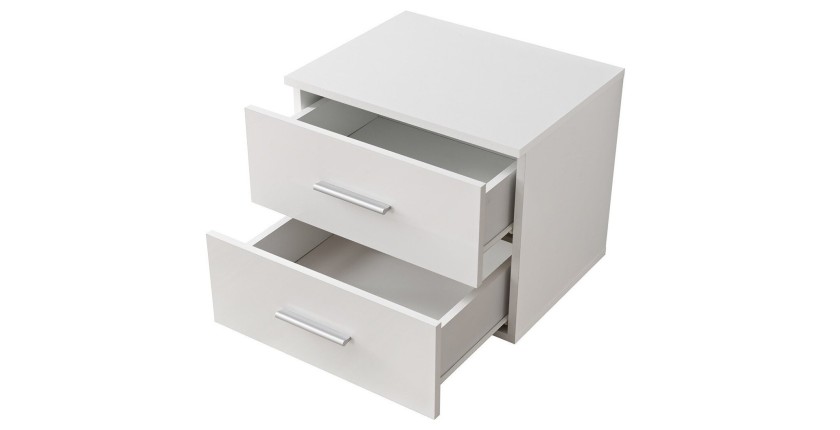 Table de chevet deux tiroirs, collection BALOS. Coloris blanc brillant.