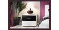 Table de chevet deux tiroirs, collection BALOS. Coloris blanc brillant et noir brillant.