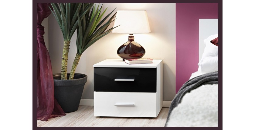Table de chevet deux tiroirs, collection BALOS. Coloris blanc brillant et noir brillant.