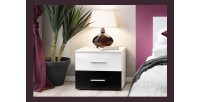 Table de chevet deux tiroirs, collection BALOS. Coloris blanc brillant et noir brillant.
